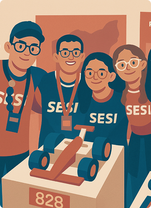 Ilustração de quatro jovens de óculos, sorridentes, com camisetas do SESI. Eles estão ao lado de um carro de corrida em miniatura sobre uma mesa.