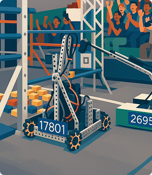 Ilustração de um grande robô de metal com o número "17801" na frente, competindo em uma arena com outros robôs. Ao fundo, uma multidão de pessoas está torcendo nas arquibancadas.